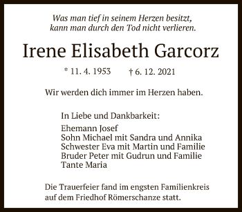 Anzeige von Irene Elisabeth Garcorz von Reutlinger General-Anzeiger