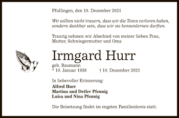 Anzeige von Irmgard Hurr von Reutlinger General-Anzeiger