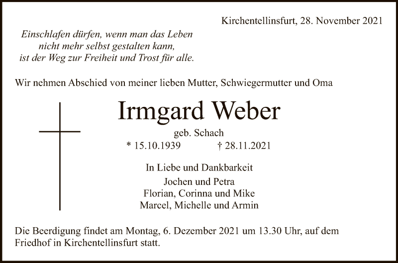  Traueranzeige für Irmgard Weber vom 01.12.2021 aus Reutlinger General-Anzeiger
