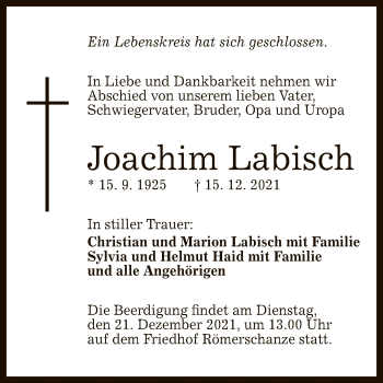 Anzeige von Joachim Labisch von Reutlinger General-Anzeiger