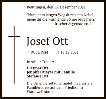 Anzeige von Josef Ott von Reutlinger General-Anzeiger