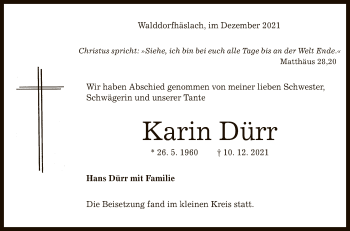 Anzeige von Karin Dürr von Reutlinger General-Anzeiger