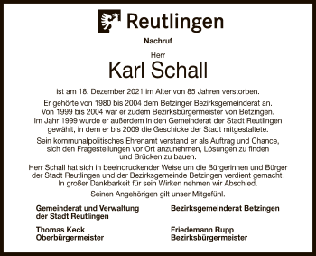 Anzeige von Karl Schall von Reutlinger General-Anzeiger