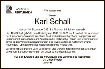 Anzeige von Karl Schall von Reutlinger General-Anzeiger