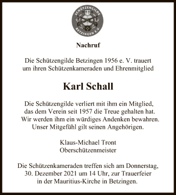 Anzeige von Karl Schall von Reutlinger General-Anzeiger