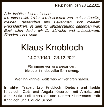 Anzeige von Klaus Knobloch von Reutlinger General-Anzeiger