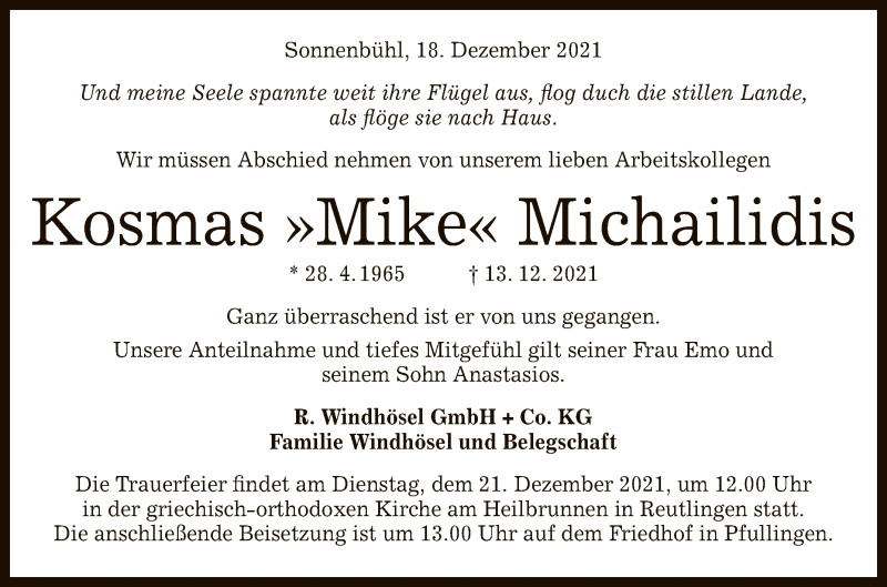  Traueranzeige für Kosmas Michailidis vom 18.12.2021 aus Reutlinger General-Anzeiger