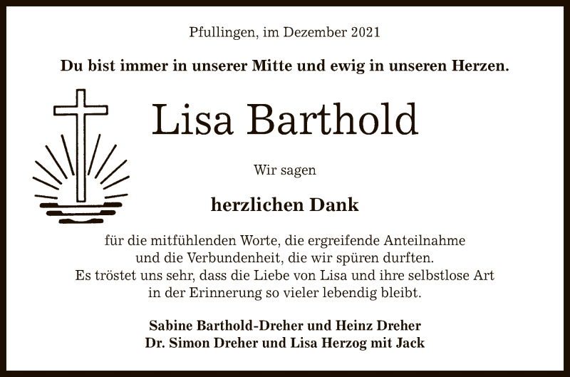  Traueranzeige für Lisa Barthold vom 29.12.2021 aus Reutlinger General-Anzeiger