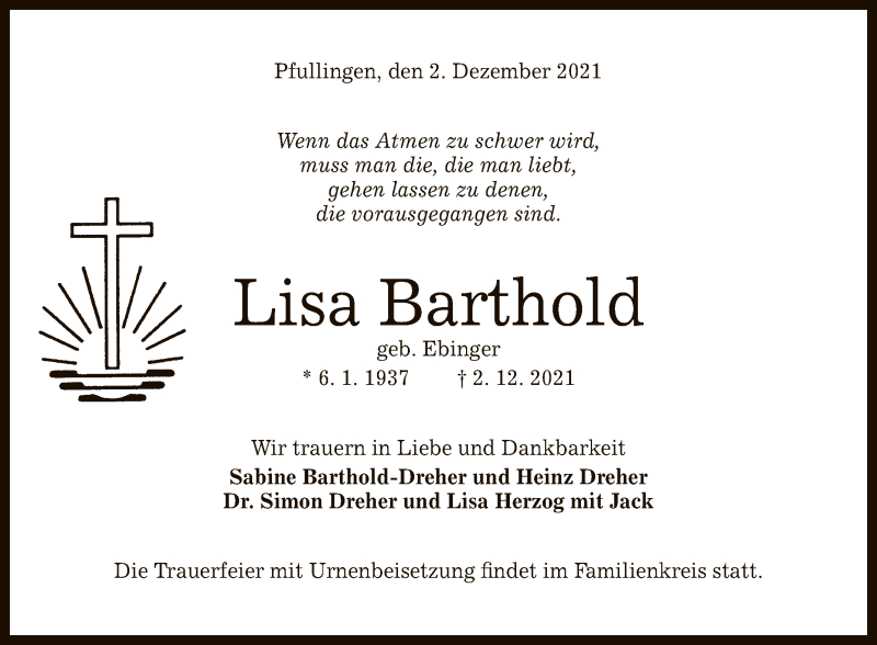  Traueranzeige für Lisa Barthold vom 04.12.2021 aus Reutlinger General-Anzeiger