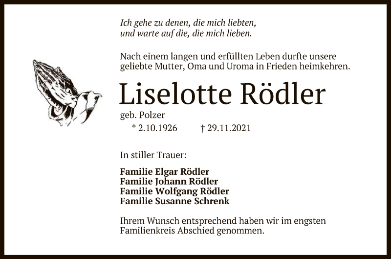  Traueranzeige für Liselotte Rödler vom 11.12.2021 aus Reutlinger General-Anzeiger