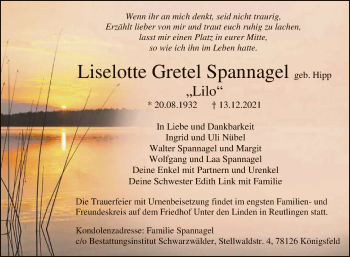 Anzeige von Liselotte Gretel Spannagel von Reutlinger General-Anzeiger