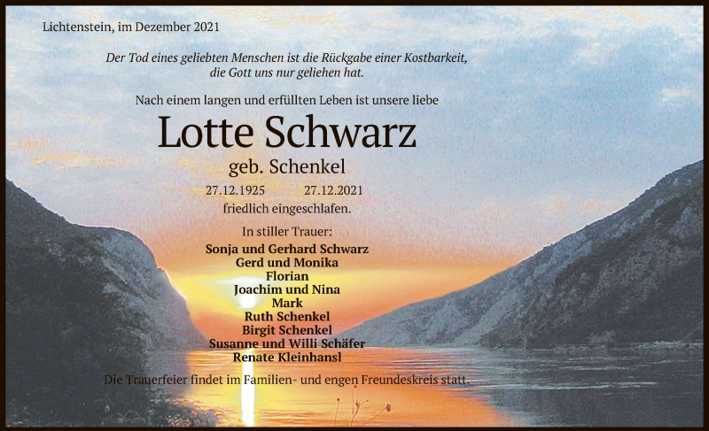  Traueranzeige für Lotte Schwarz vom 31.12.2021 aus Reutlinger General-Anzeiger