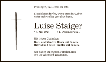 Anzeige von Luise Staiger von Reutlinger General-Anzeiger