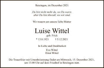 Anzeige von Luise Wittel von Reutlinger General-Anzeiger