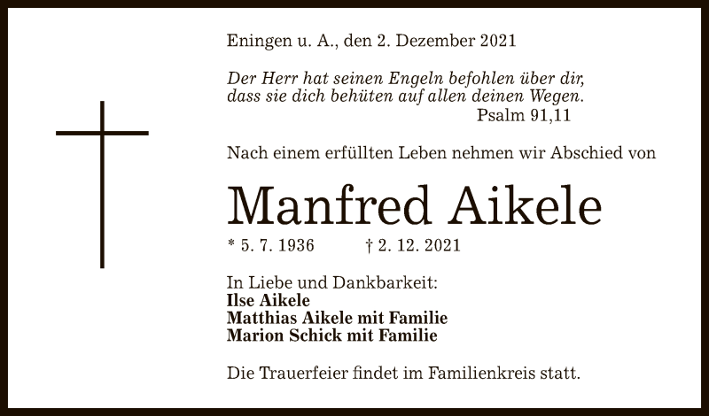  Traueranzeige für Manfred Aikele vom 07.12.2021 aus Reutlinger General-Anzeiger