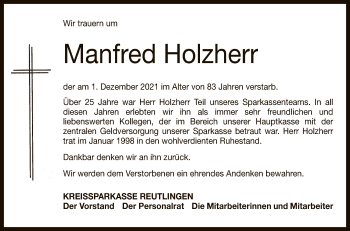 Anzeige von Manfred Holzherr von Reutlinger General-Anzeiger