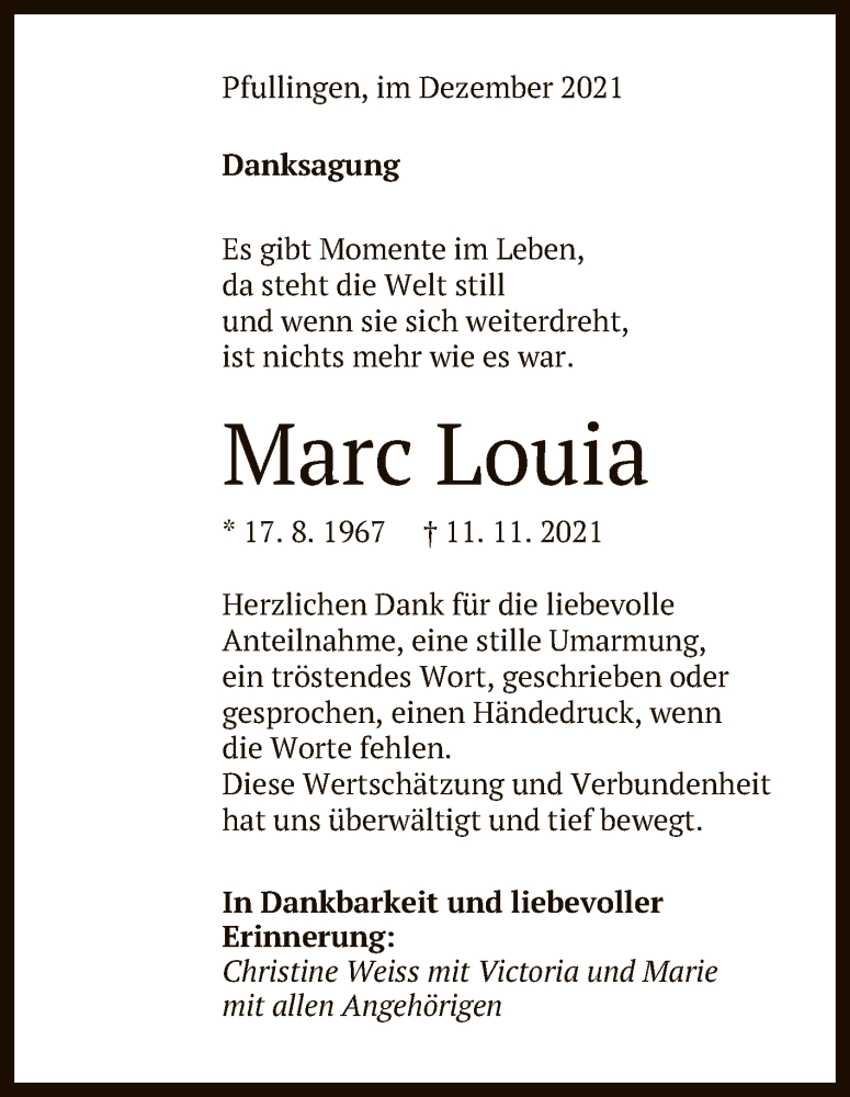 Traueranzeige für Marc Louia vom 11.12.2021 aus Reutlinger General-Anzeiger