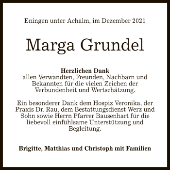 Anzeige von Marga Grundel von Reutlinger General-Anzeiger