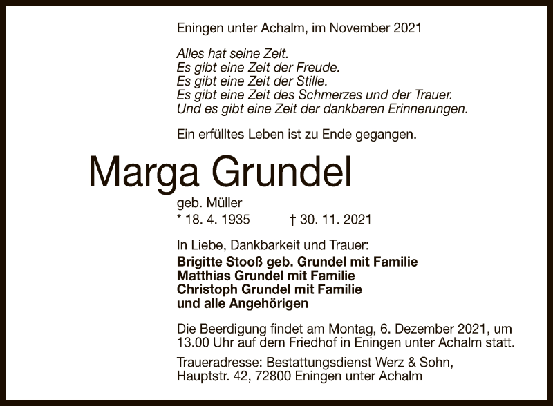  Traueranzeige für Marga Grundel vom 03.12.2021 aus Reutlinger General-Anzeiger