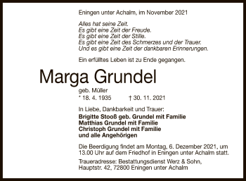 Anzeige von Marga Grundel von Reutlinger General-Anzeiger