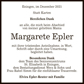 Anzeige von Margarete Epler von Reutlinger General-Anzeiger