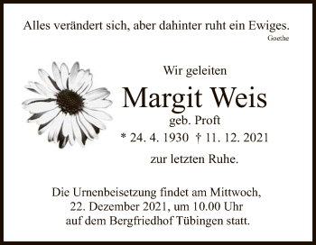 Anzeige von Margit Weis von Reutlinger General-Anzeiger
