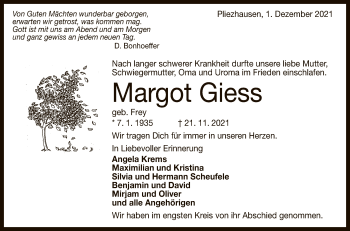 Anzeige von Margot Giess von Reutlinger General-Anzeiger