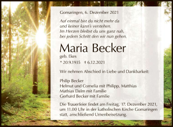 Anzeige von Maria Becker von Reutlinger General-Anzeiger