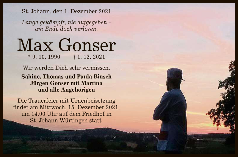  Traueranzeige für Max Gonser vom 04.12.2021 aus Reutlinger General-Anzeiger