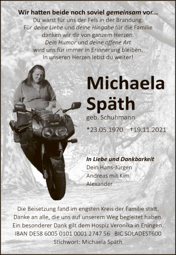 Anzeige von Michaela Späth von Reutlinger General-Anzeiger