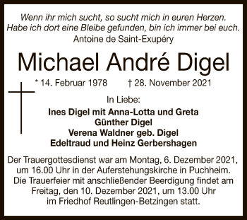 Anzeige von Michael Andre Digel von Reutlinger General-Anzeiger