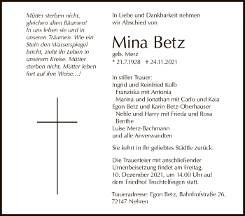 Anzeige von Mina Betz von Reutlinger General-Anzeiger