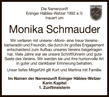 Anzeige von Monika Schmauder von Reutlinger General-Anzeiger