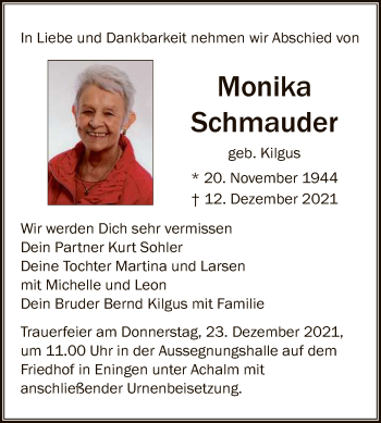 Anzeige von Monika Schmauder von Reutlinger General-Anzeiger
