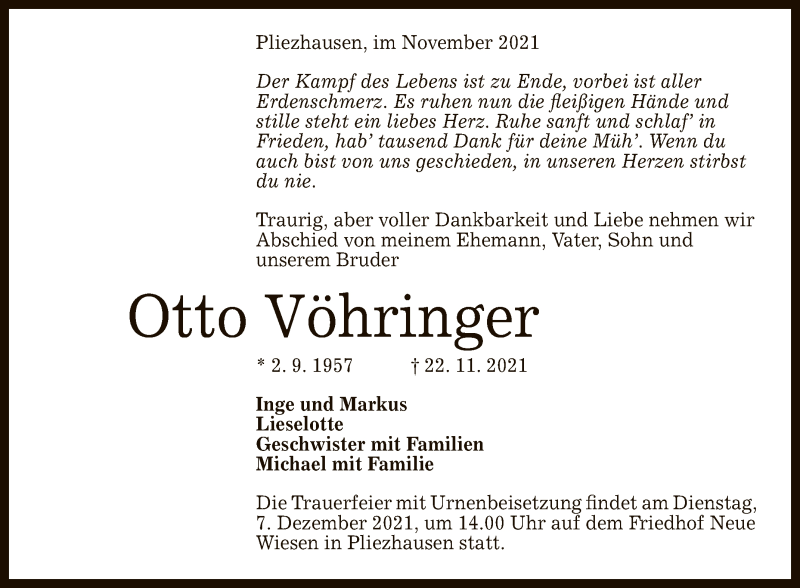  Traueranzeige für Otto Vöhringer vom 04.12.2021 aus Reutlinger General-Anzeiger