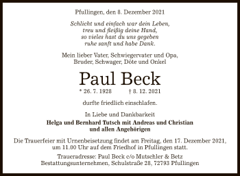 Anzeige von Paul Beck von Reutlinger General-Anzeiger