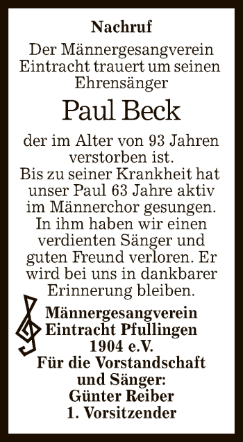 Anzeige von Paul Beck von Reutlinger General-Anzeiger