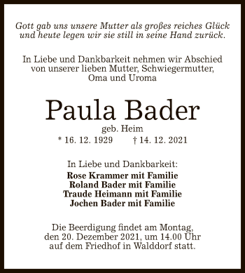 Anzeige von Paula Bader von Reutlinger General-Anzeiger