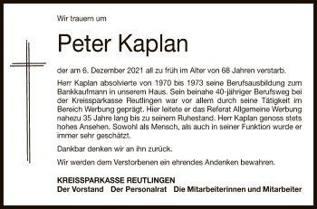 Anzeige von Peter Kaplan von Reutlinger General-Anzeiger
