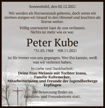 Anzeige von Peter Kube von Reutlinger General-Anzeiger