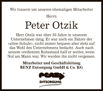 Anzeige von Peter Otzik von Reutlinger General-Anzeiger