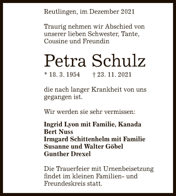 Anzeige von Petra Schulz von Reutlinger General-Anzeiger