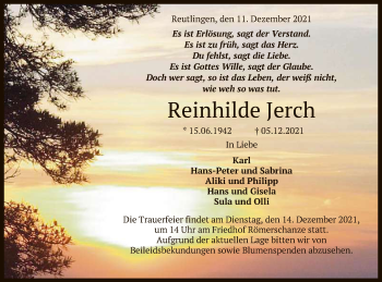 Anzeige von Reinhilde Jerch von Reutlinger General-Anzeiger