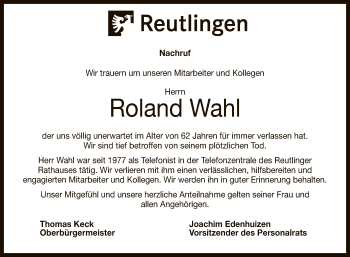 Anzeige von Roland Wahl von Reutlinger General-Anzeiger