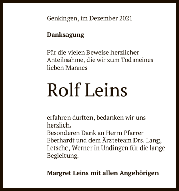 Anzeige von Rolf Leins von Reutlinger General-Anzeiger