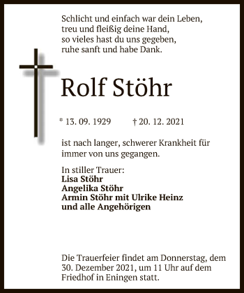 Anzeige von Rolf Stöhr von Reutlinger General-Anzeiger