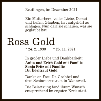 Anzeige von Rosa Gold von Reutlinger General-Anzeiger