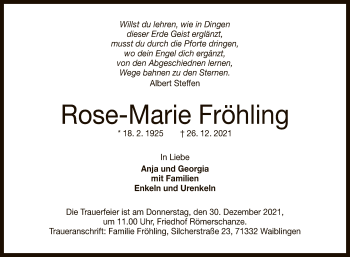 Anzeige von Rose-Marie Fröhling von Reutlinger General-Anzeiger