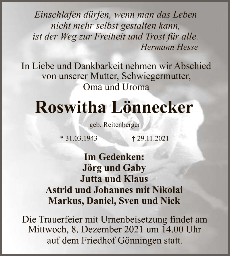  Traueranzeige für Roswitha Lönnecker vom 04.12.2021 aus Reutlinger General-Anzeiger