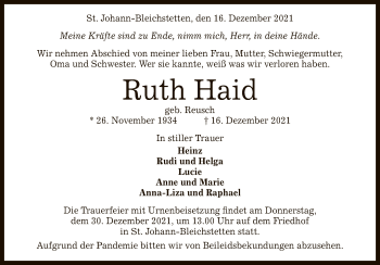 Anzeige von Ruth Haid von Reutlinger General-Anzeiger